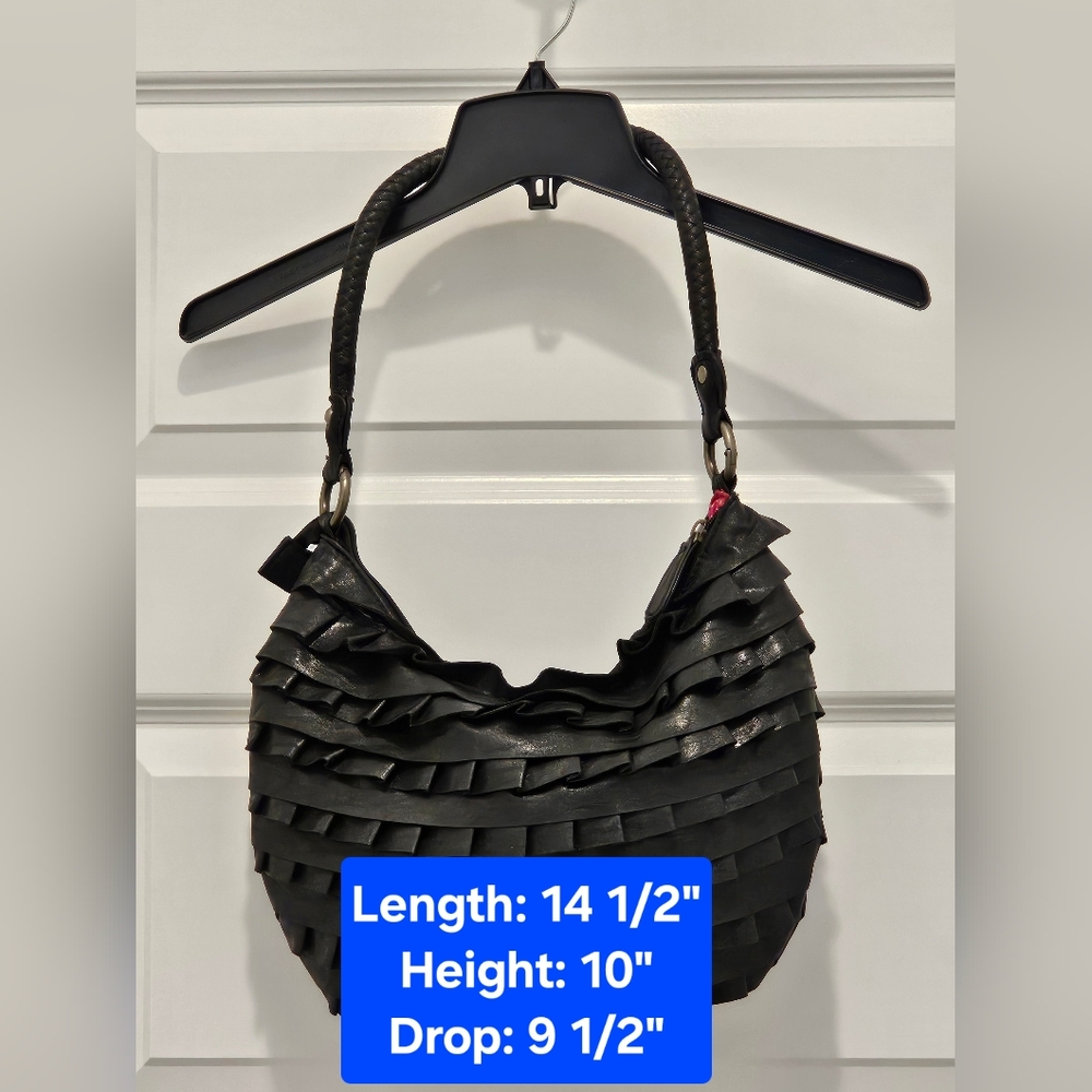 Black Poppy Ruffle, Faux Leather Hobo Handbag, EUC